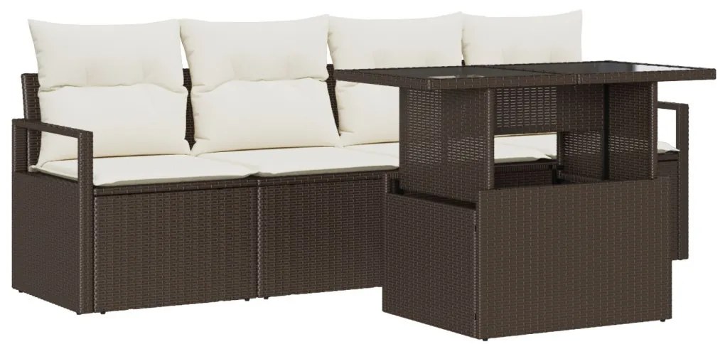 5 Részes Kert Sofa Szett Párnákkal Barna Poli Rattan, 2-Fős Kert Sofa Párnákkal Barna Poli Rattan