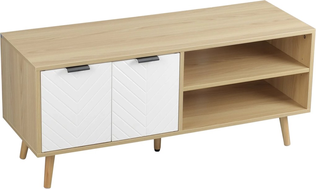 HOMCOM Modern TV állvány 2 ajtóval és 2 tárolóspolccal 46"-os TV-hez, 110x39x48.8 cm, Természetes és Fehér | Aosom