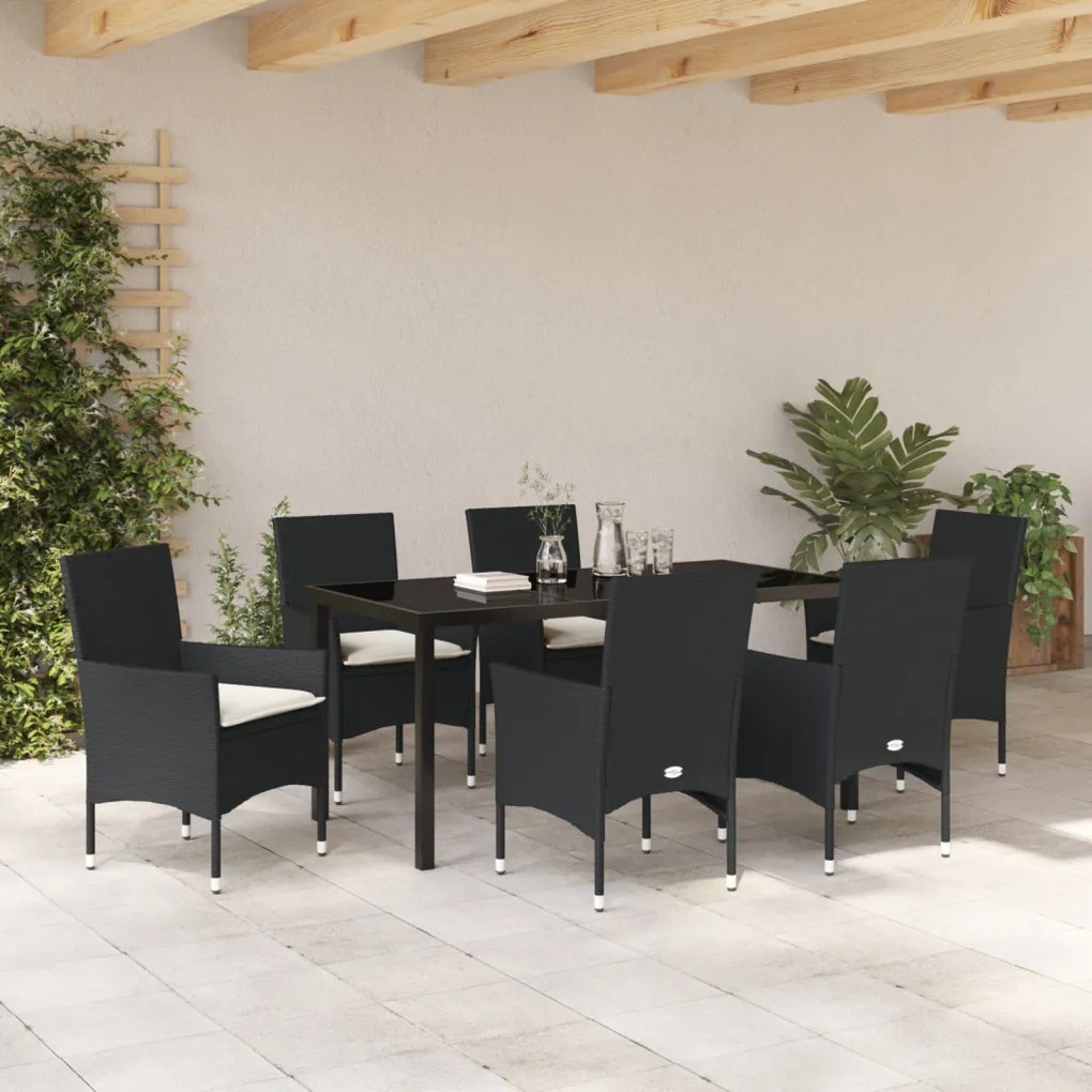 7 Darabos Kerti Étkezőszett Párnákkal Fekete Polirattan, Kerti Asztal Fekete 160x80x73 cm Edzett Üveg