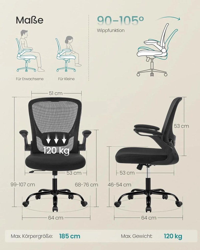 Irodai szék összecsukható karfákkal, ergonomikus számítógépes szék, fekete