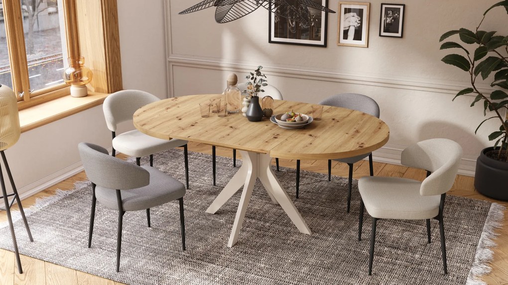 Mazzoni RENZO Artisan Tölgy/bézs láb (pezsgő) - KEREK ASZTAL Ø110 180 cm-re BŐVÍTHETŐ | A KONYHÁBA ÉTKEZŐBE NAPPALIBA RETRO