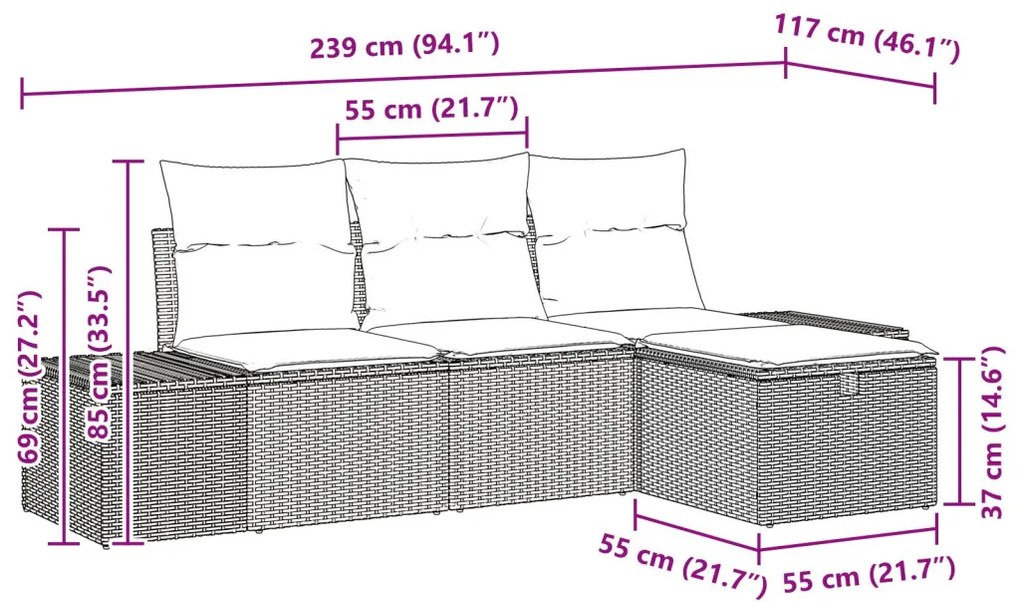 4 Darab Kerti Kanapészett Párnákkal Barna Poli Rattan