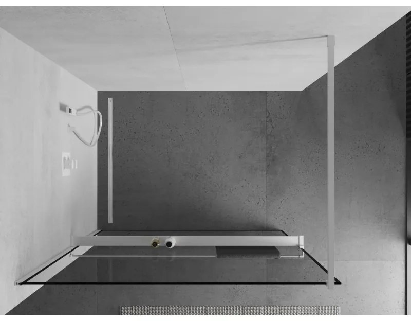 Mexen Kioto+, Walk-In zuhany paraván polccal és akasztóval 130 x 200 cm, 8 mm átlátszó üveg fekete mintás, fehér profil, 800-130-121-20-70