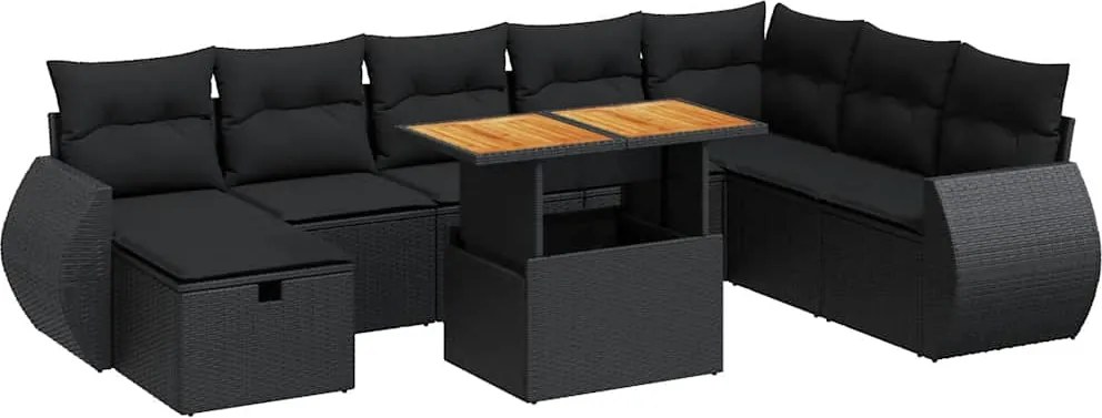 vidaXL 9 részes fekete polyrattan akácfa kerti ülőgarnitúra párnákkal