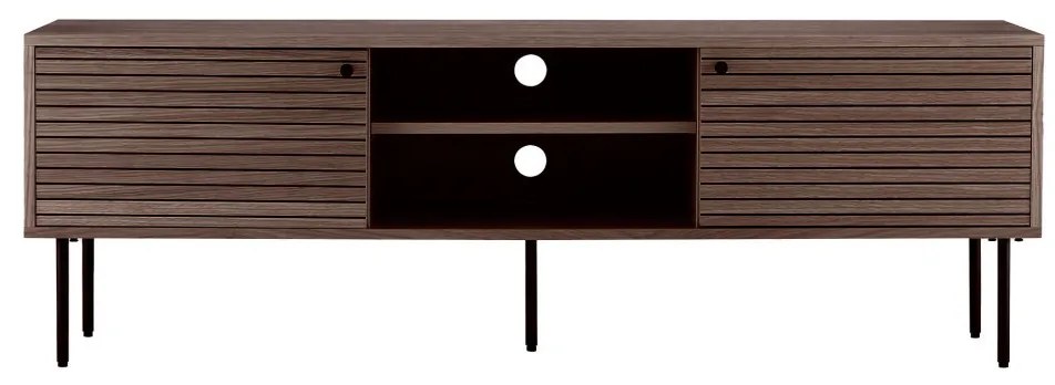 Kyoto TV-állvány, 2 ajtós, 2 polcos, tölgyfa furnér, füstölt, fekete fém lábak 150x40x50 cm