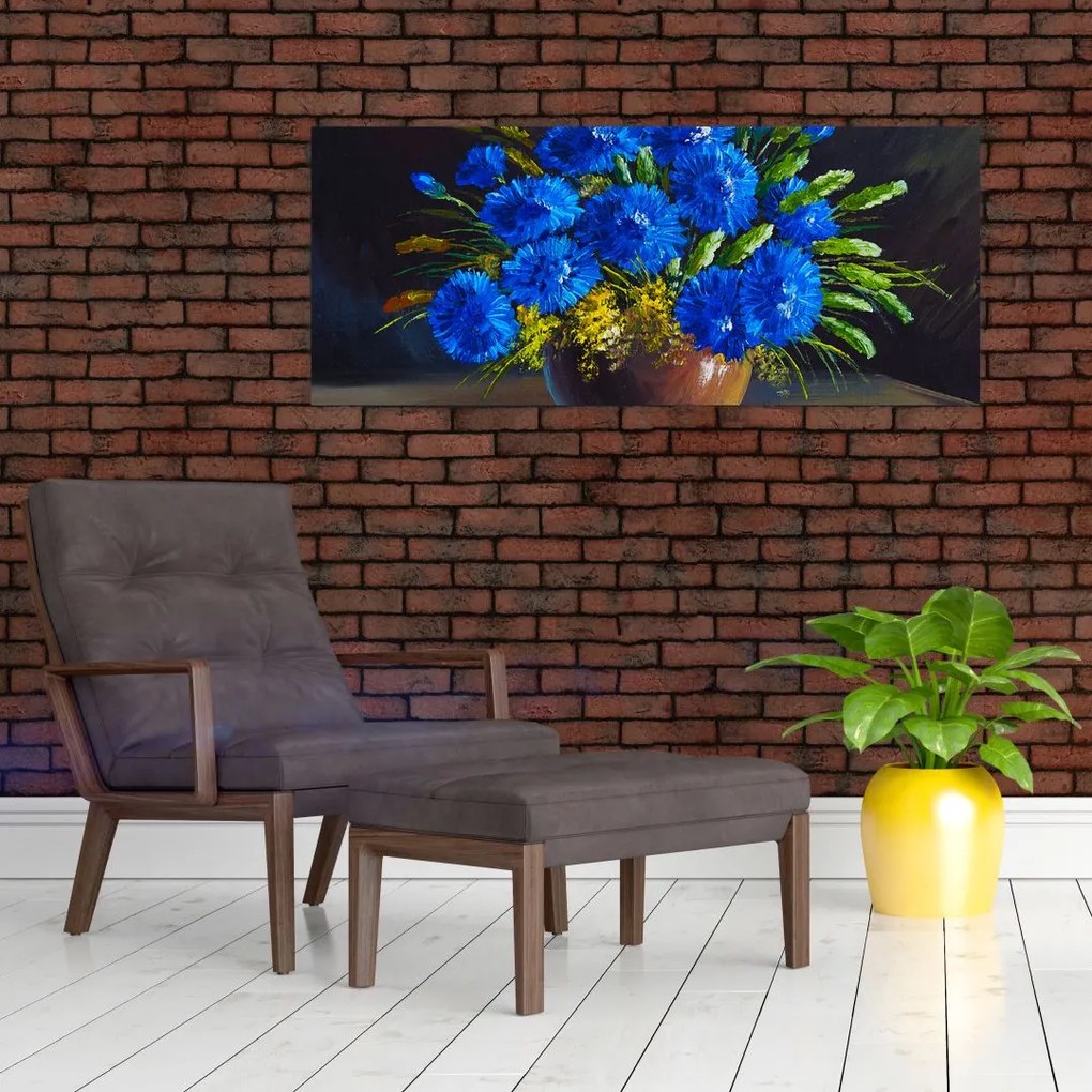 Kék virágok képe egy vázában (120x50 cm)