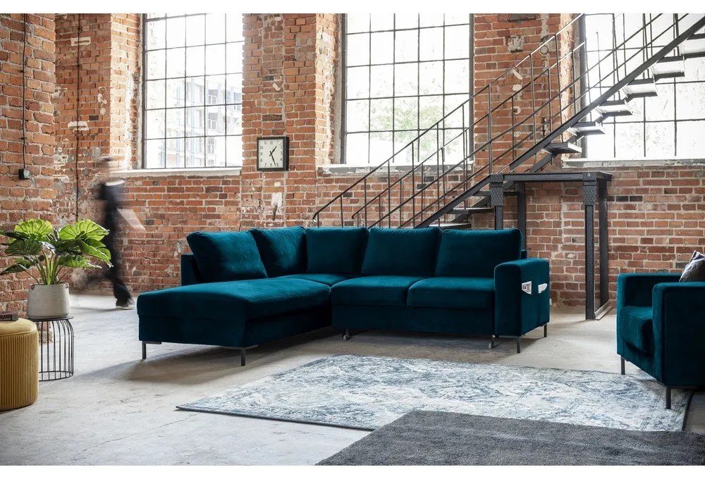 Türkiz bársony kinyitható sarokkanapé (bal oldali) Lofty Lilly – Miuform