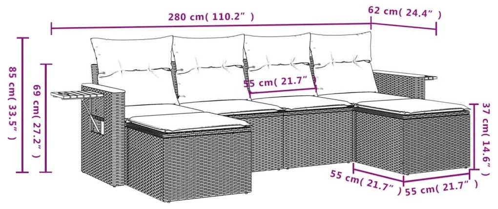 6 részes fekete polyrattan kerti ülőgarnitúra párnákkal