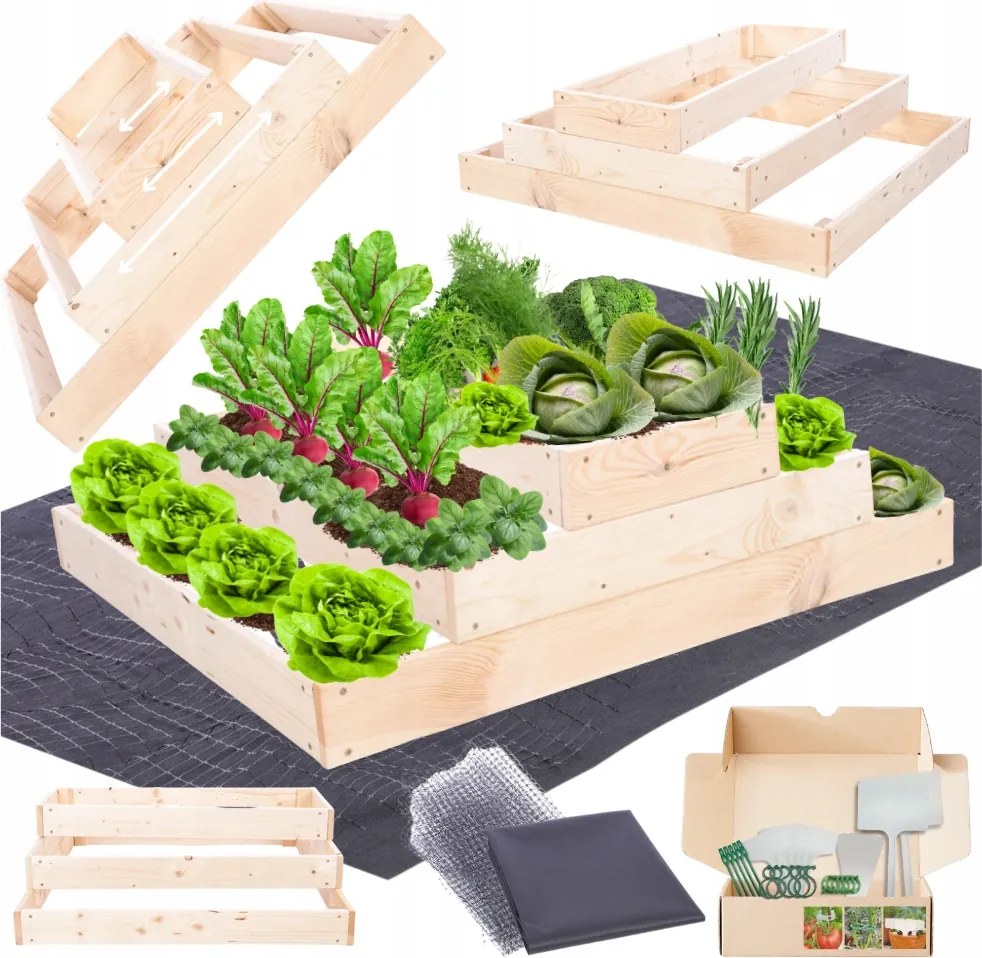 Lépcsőzetes zöldségtartó állítható ágyás magasított impregnált 27x120x90