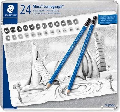 Grafitceruza készlet, fém doboz, hatszögletű, STAEDTLER Mars® Lumograph® 100, 24 különböző keménység (TS100G24)