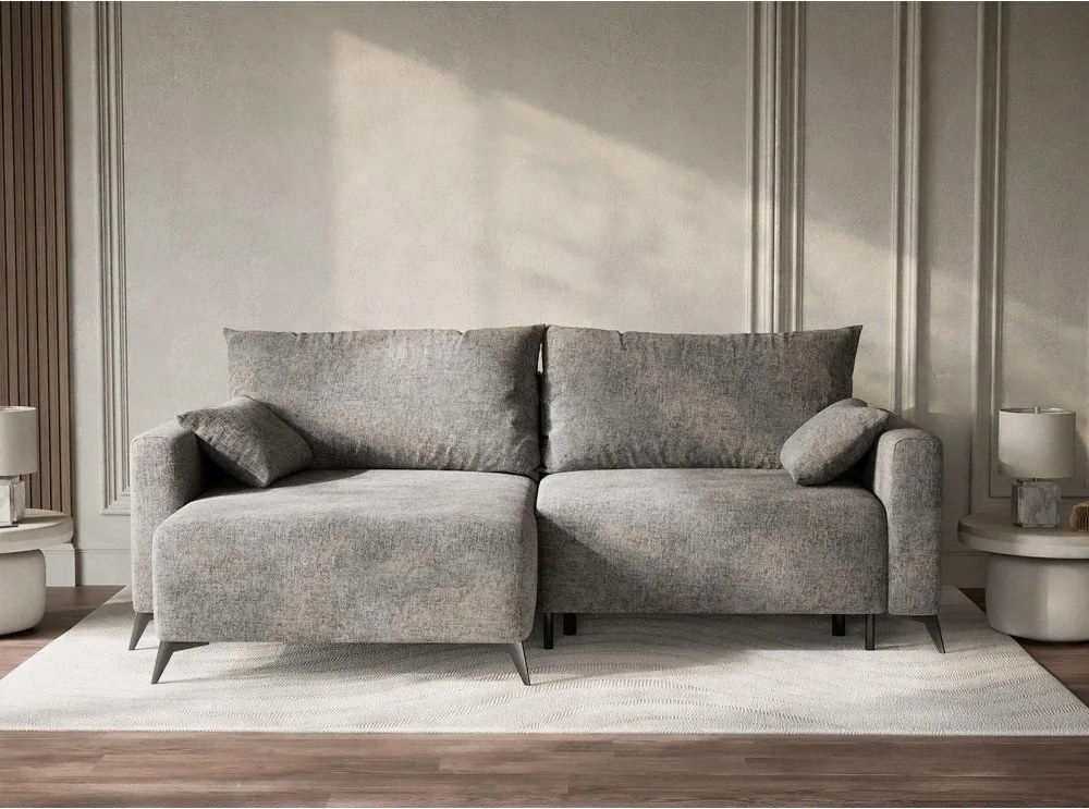 Szürke zsenília kinyitható-tárolóhelyes sarokkanapé (bal oldali-heverő résszel) Leon – Maison de Rêve