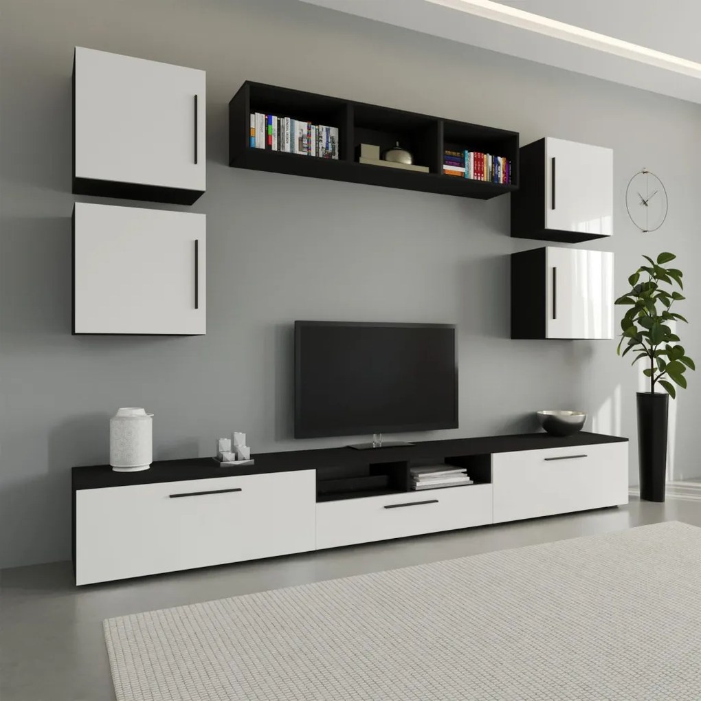 Kos V3 nappali szekrénysor, Fekete / Fényes fehér, MDF, 285 cm