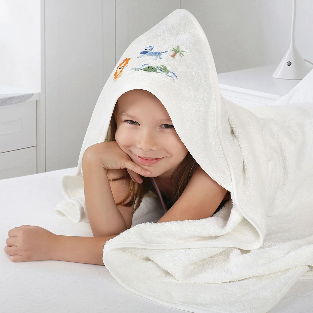 Goldea gyermek frottír fördőlepedő csuklyás - fehér alapon szafari 100 x 100 cm