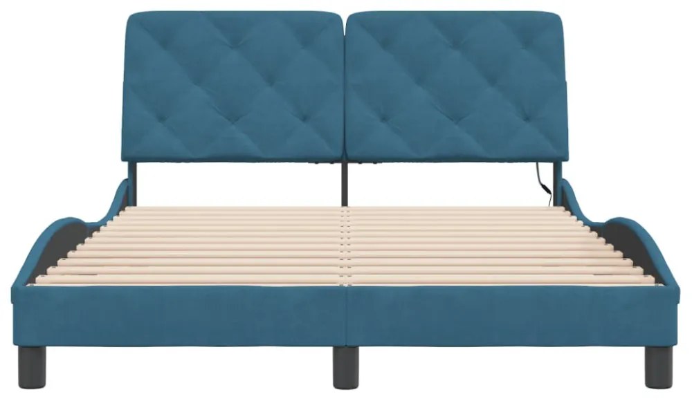 kék bársony ágykeret LED-ekkel matrac nélkül 120 x 200 cm