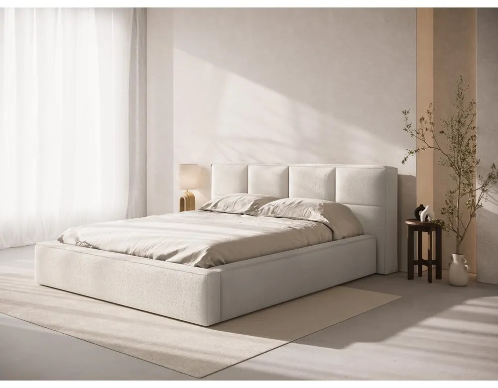 Krémszínű kárpitozott ágyneműtartós franciaágy ágyráccsal 180x200 cm Simon – Micadoni