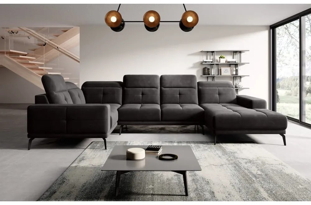 Fekete bársony sarokkanapé (bal oldali-U alakú) Neviro – ELTAP