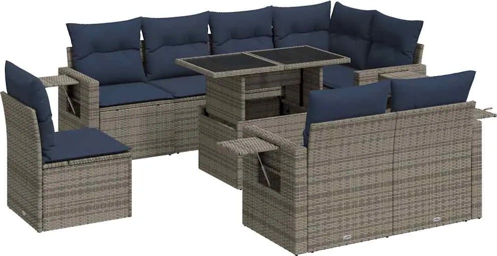 vidaXL 9 részes szürke polyrattan kerti ülőgarnitúra párnákkal