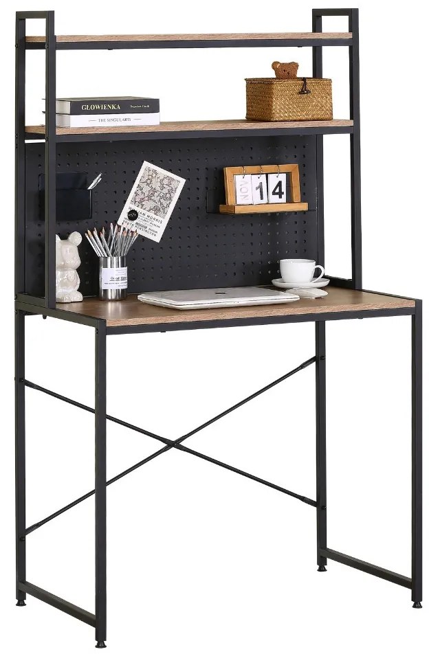Intenso Home íróasztal / számítógépasztal polcokkal mágnestáblával 84x50cm | Masszív fém váz, fekete - Modern tölgy szín