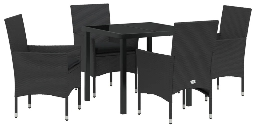 5 darabos Kerti Étkezőkészlet Párnákkal Fekete Poli Rattan, Kerti Asztal Fekete 80x80x73 cm Edzett Üveg