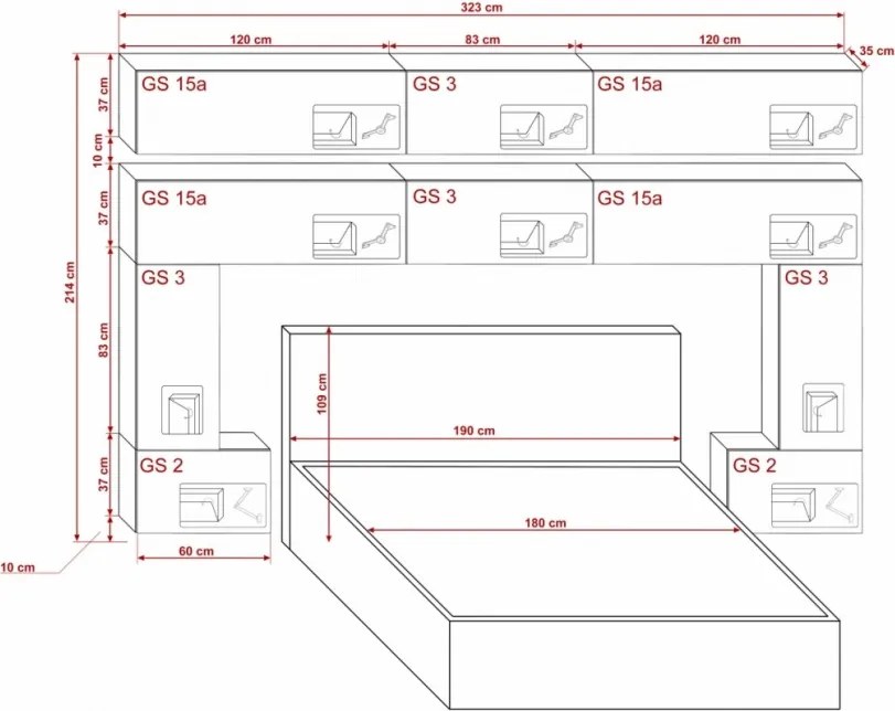 Prince Panama 5 hálószoba bútor magasfényű fekete (323cm)