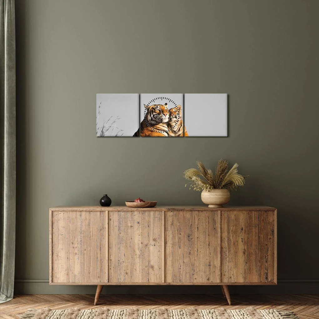 Kép - Tigris és a kölyke, fekete-fehér változat (órával) (90x30 cm)