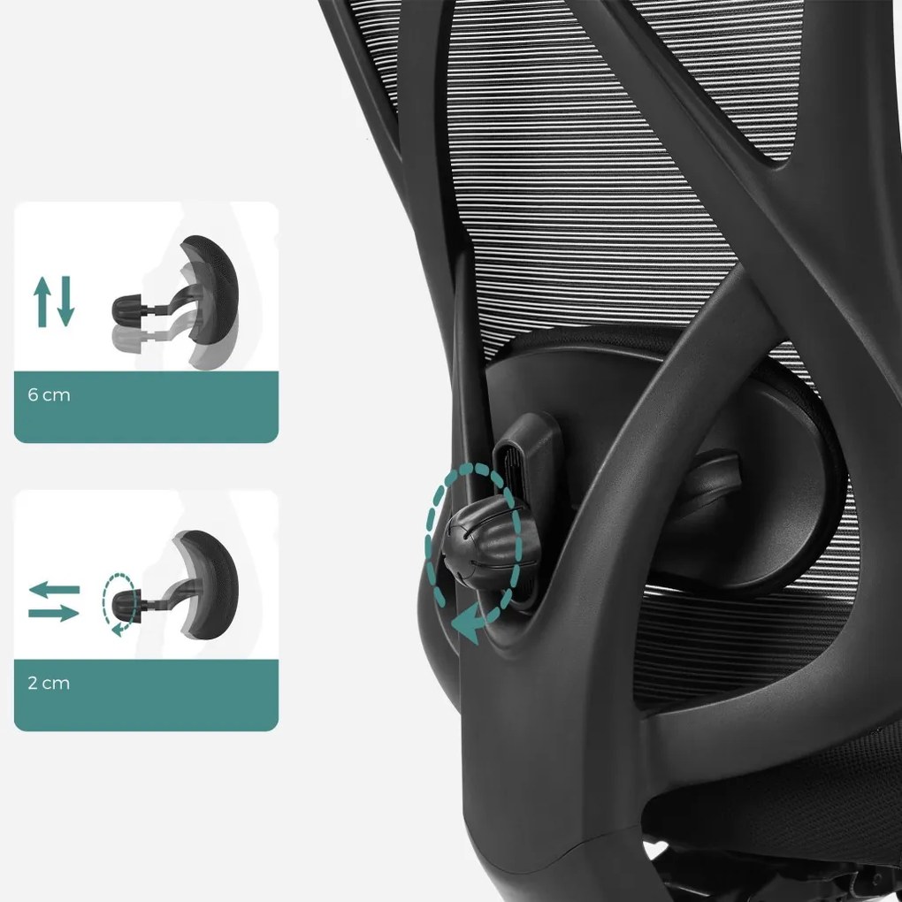 Irodai ergonomikus szék, állítható deréktámasszal és fejtámlával, fekete