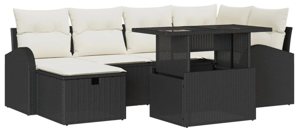 7 darabos Kert Kanapé Szett Párnákkal - Fekete Poli Rattan, 2-fős Kert Kanapé Tárolóval és Párnákkal - Fekete Poli Rattan