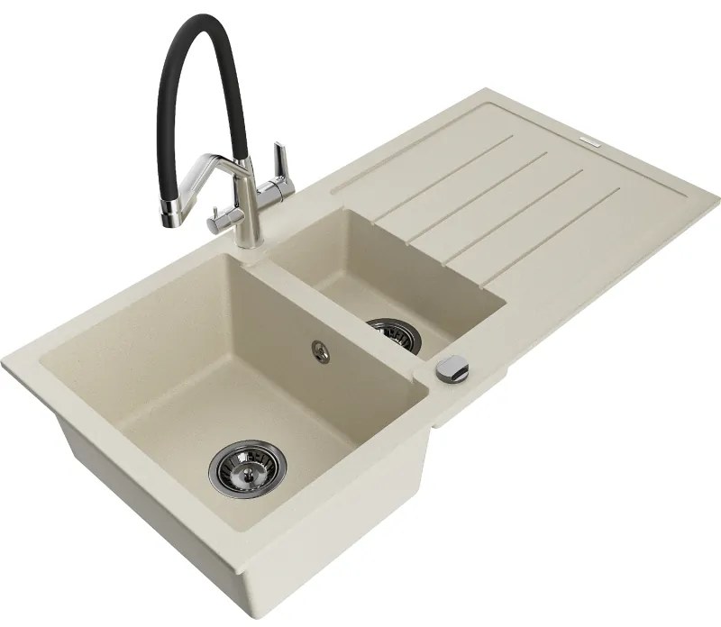 Mexen Andres 1,5 kamrás, csepegtetős gránit mosogató és Duo konyhai csaptelep, bézs - 6515-69-671701-07-B