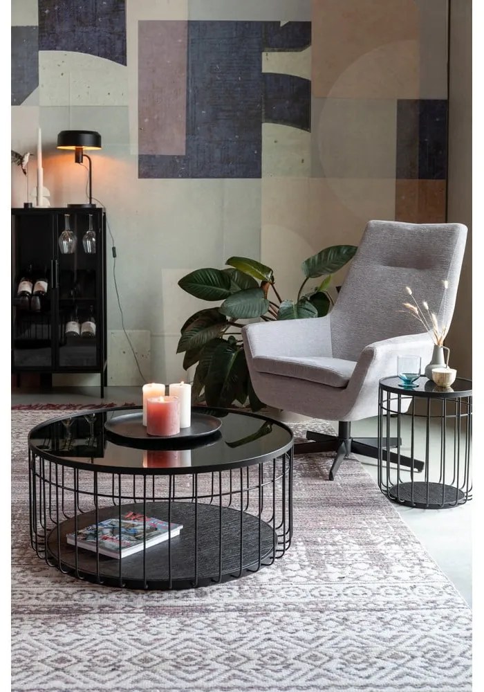 Fekete kerek dohányzóasztal üveg asztallappal 80x80 cm Lance – White Label