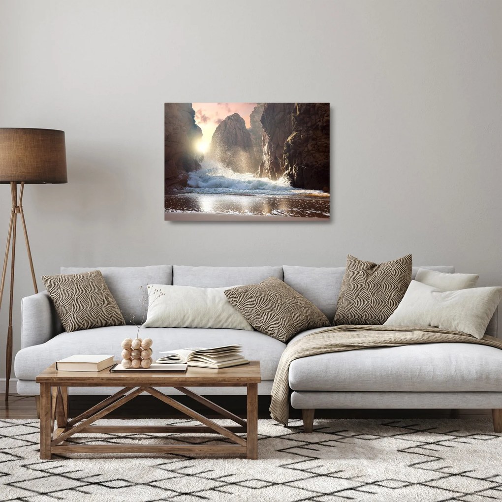 Üveg kép - Az óceán sziklái és hullámai (70x50 cm)