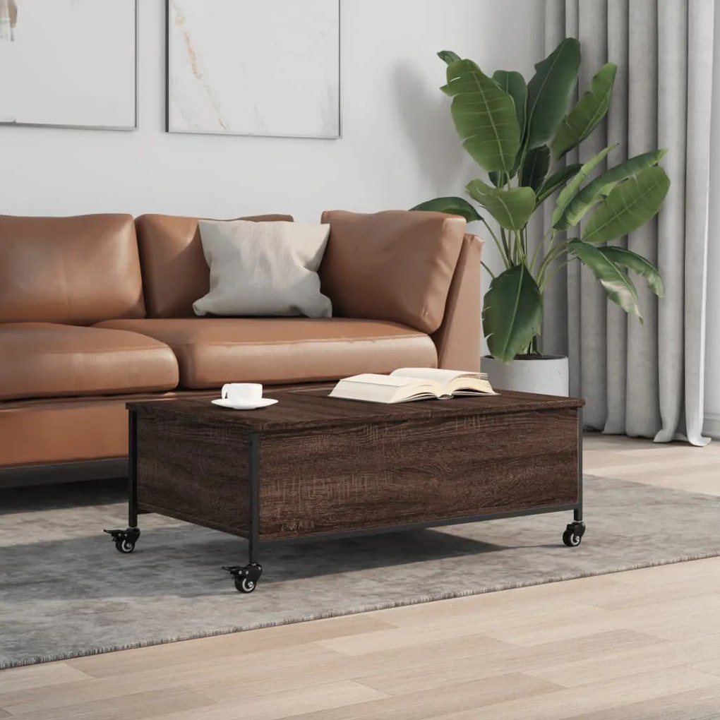 Barna tölgy szerelt fa dohányzóasztal kerekekkel 91x55x34 cm