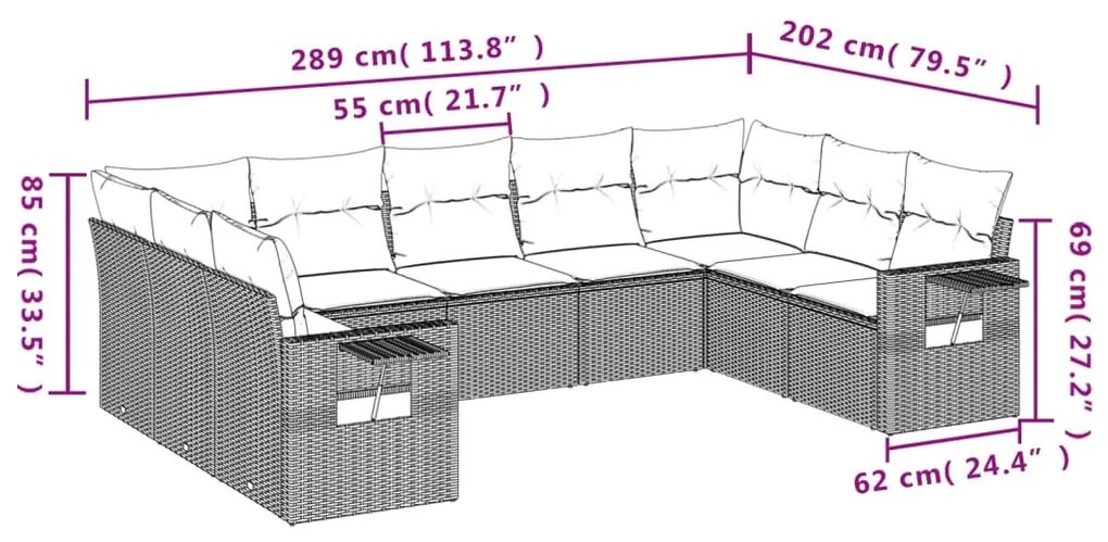 9 részes fekete polyrattan kerti ülőgarnitúra párnákkal