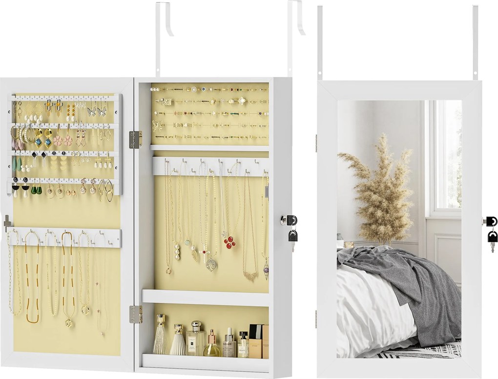 HOMCOM Falra Szerelhető Ékszertükrös Szekrény Zárral és Több Rekesszel - Fehér és Krém Béléssel | Aosom