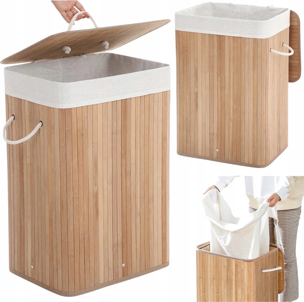 Bambusz szennyestartó kosár Összecsukható szennyestartó fedéllel 72 L zsák