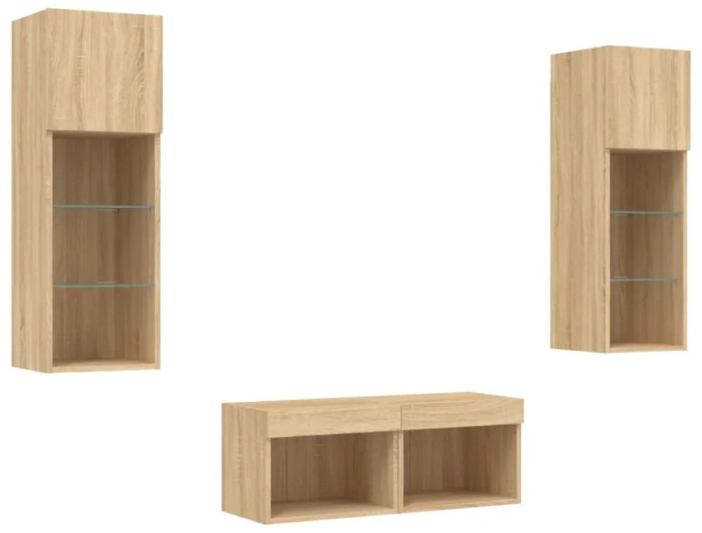 4 darab sonoma tölgy színű falra szerelhető TV-szekrény LED-del