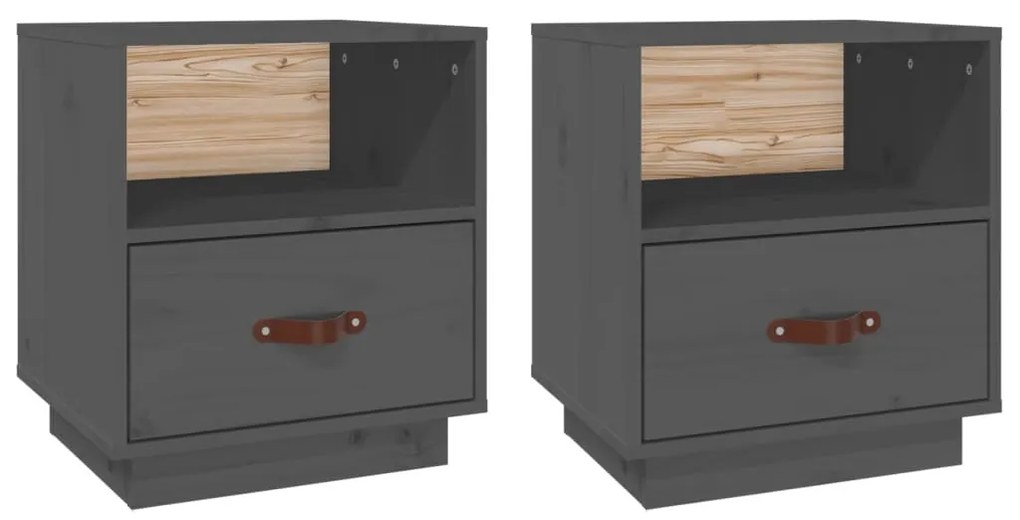 2 db szürke tömör fenyőfa éjjeliszekrény 40 x 34 x 45 cm
