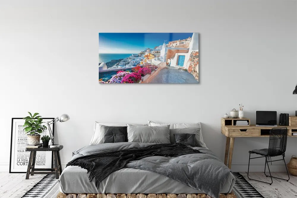 Üvegképek Épületek Görögország tenger virág 125x50 cm