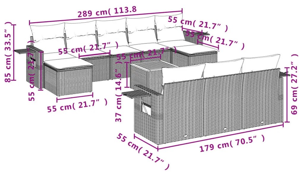 11 részes szürke polyrattan kerti ülőgarnitúra párnákkal