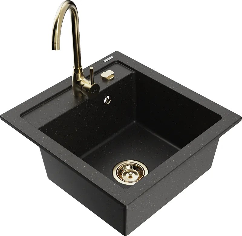 Mexen Vito 1-medencés gránit mosogató Telma konyhai csappal, fekete/arany metál - 6503-75-670200-50