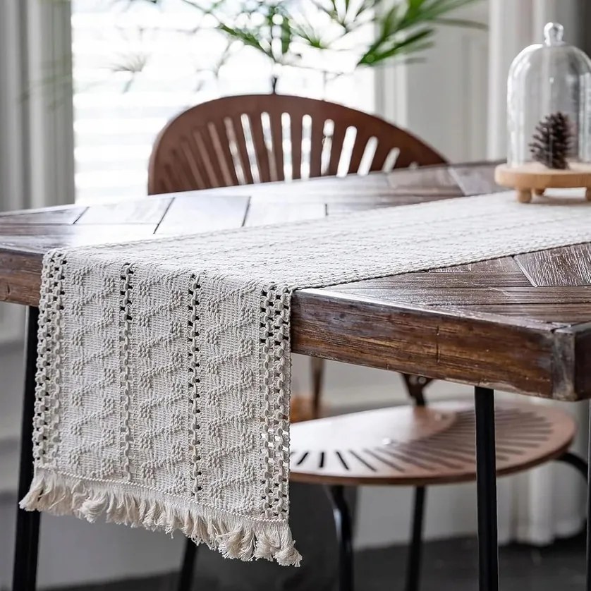 Boho natúr pamut futófelület asztalra világos Bézs krém rojtokkal 37x220