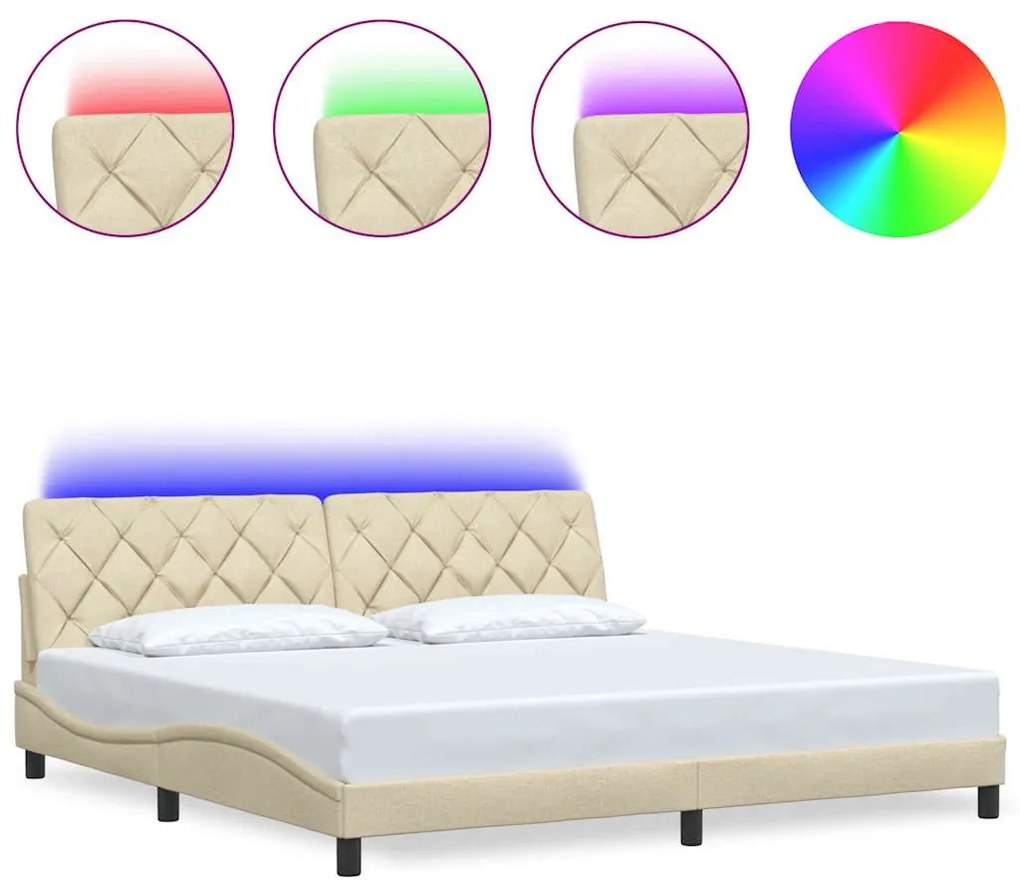 krémszínű szövet ágykeret LED-ekkel matrac nélkül 200 x 200 cm