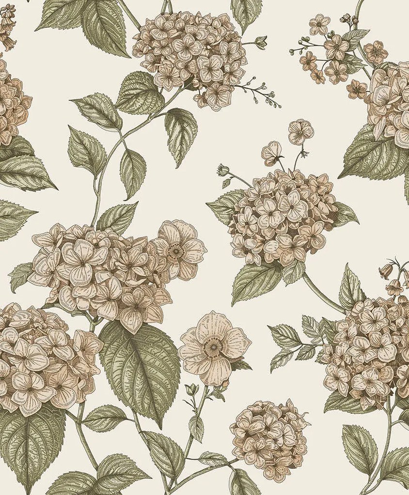 Holden Decor Wanderlust Hortensia korall-zöld virágos vlies tapéta – 92120