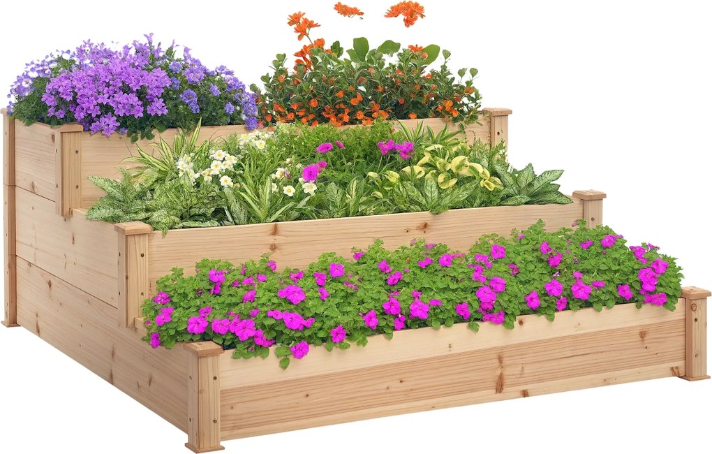Outsunny Háromszintes Kerti Virágágyás Fűszerágyás Lépcsőzetes Balcón Kerti Díszítéshez Természetes Fenyőfa 120 x 120 x 56 cm | Aosom