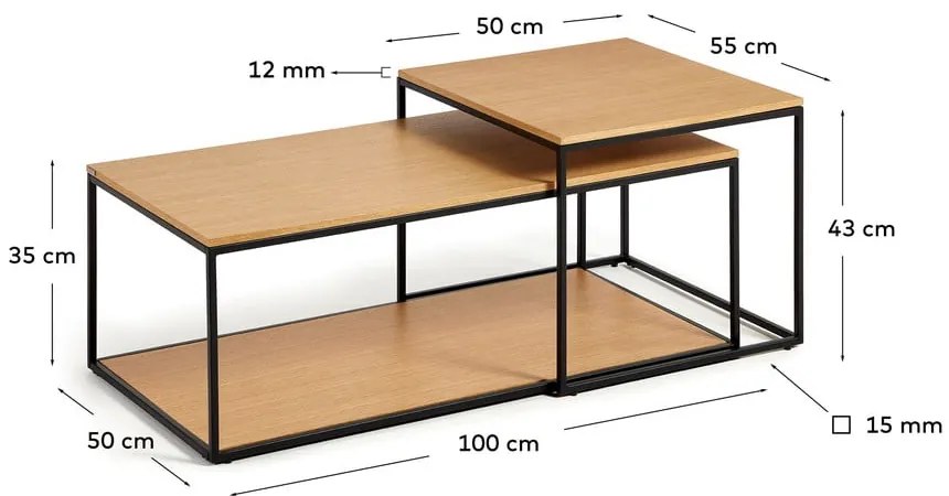 Natúr színű kerek dohányzóasztal szett tölgyfa dekoros asztallappal, 2 db-os 50x100 cm Yoana – Kave Home