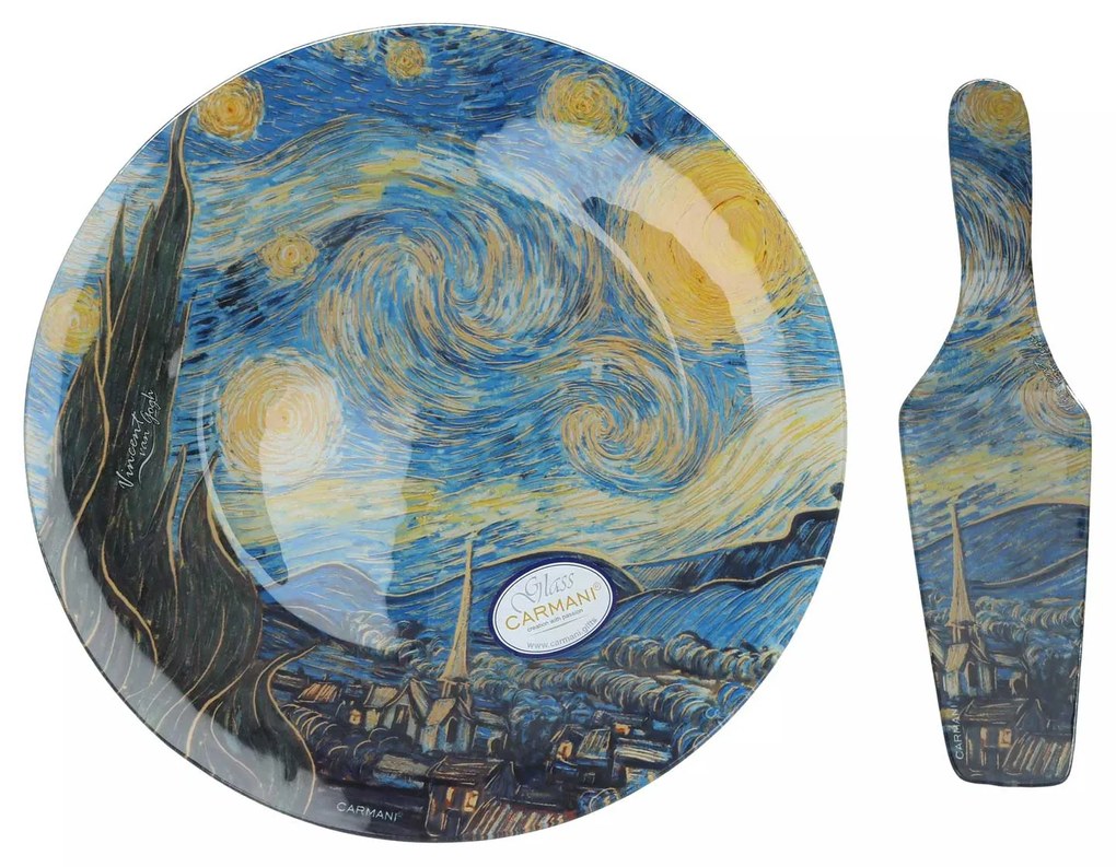 Üveg süteményes tortatál lapáttal Van Gogh Csillagos éj