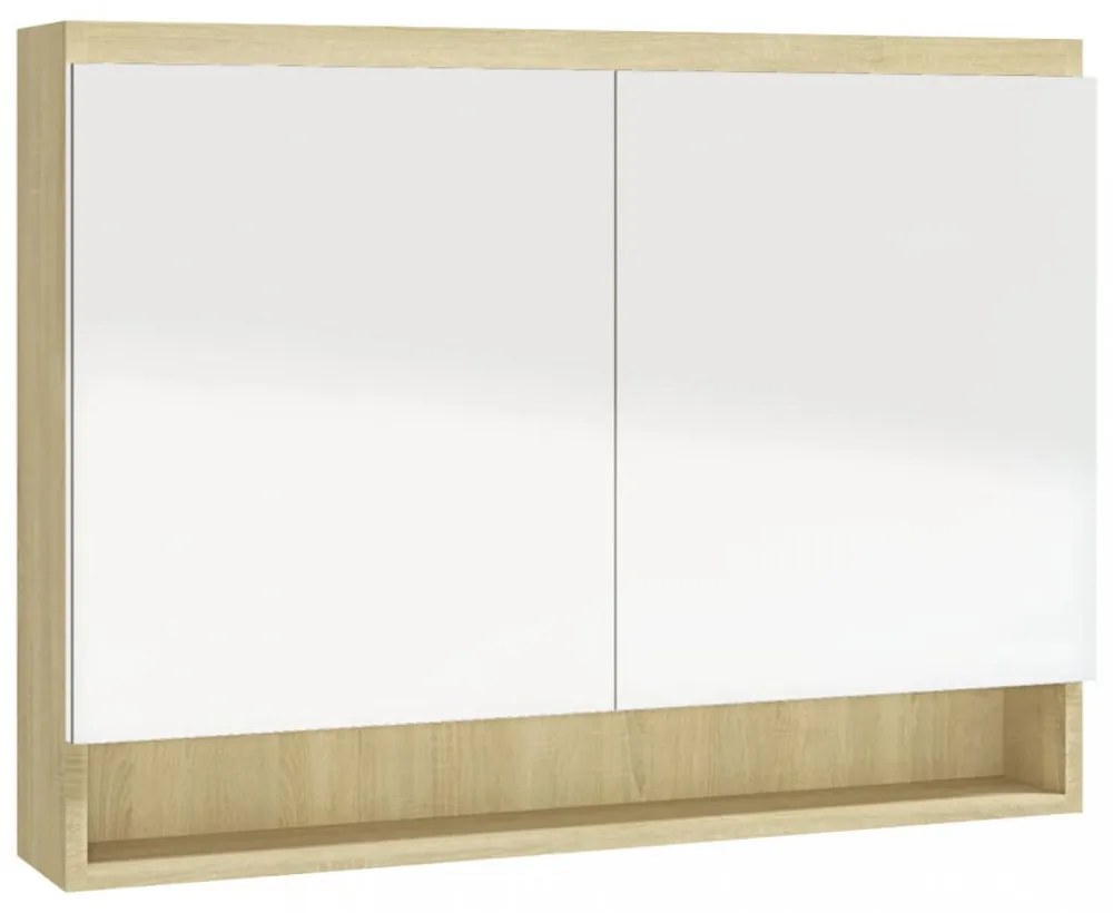 fényes és tölgy MDF tükrös fürdőszobaszekrény 80 x 15 x 60 cm