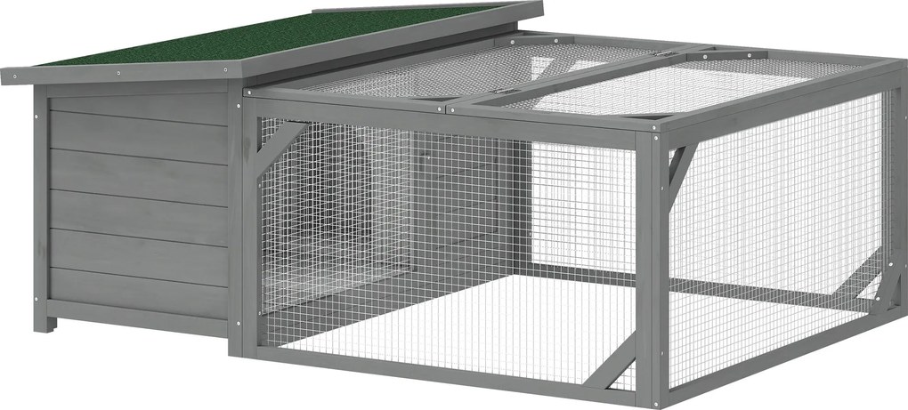 PawHut fenyő nyúlketrec kifutóval, 125,5 x 100 x 49 cm – felnyitható bitumenes tető, ajtók, kültéri nyulaknak és tengerimalacoknak, szürke | Aosom