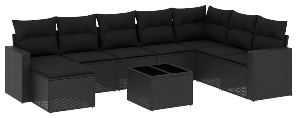 9 részes fekete polyrattan kerti ülőgarnitúra párnákkal