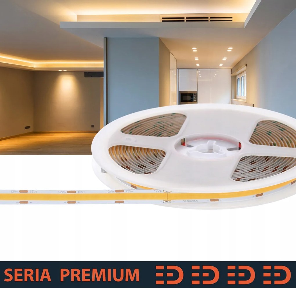 Prémium Led szalag|3000K|12V|320 LED/m|700lm/m|COB|Tekercs 5m|3 év garancia