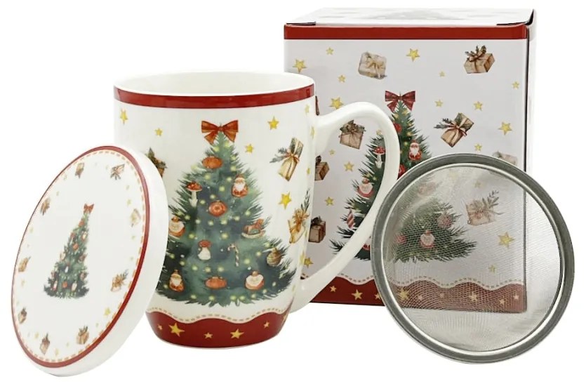 Karácsonyi fenyőfás porcelán bögre fém szűrővel díszdobozban Christmas Tree 3
